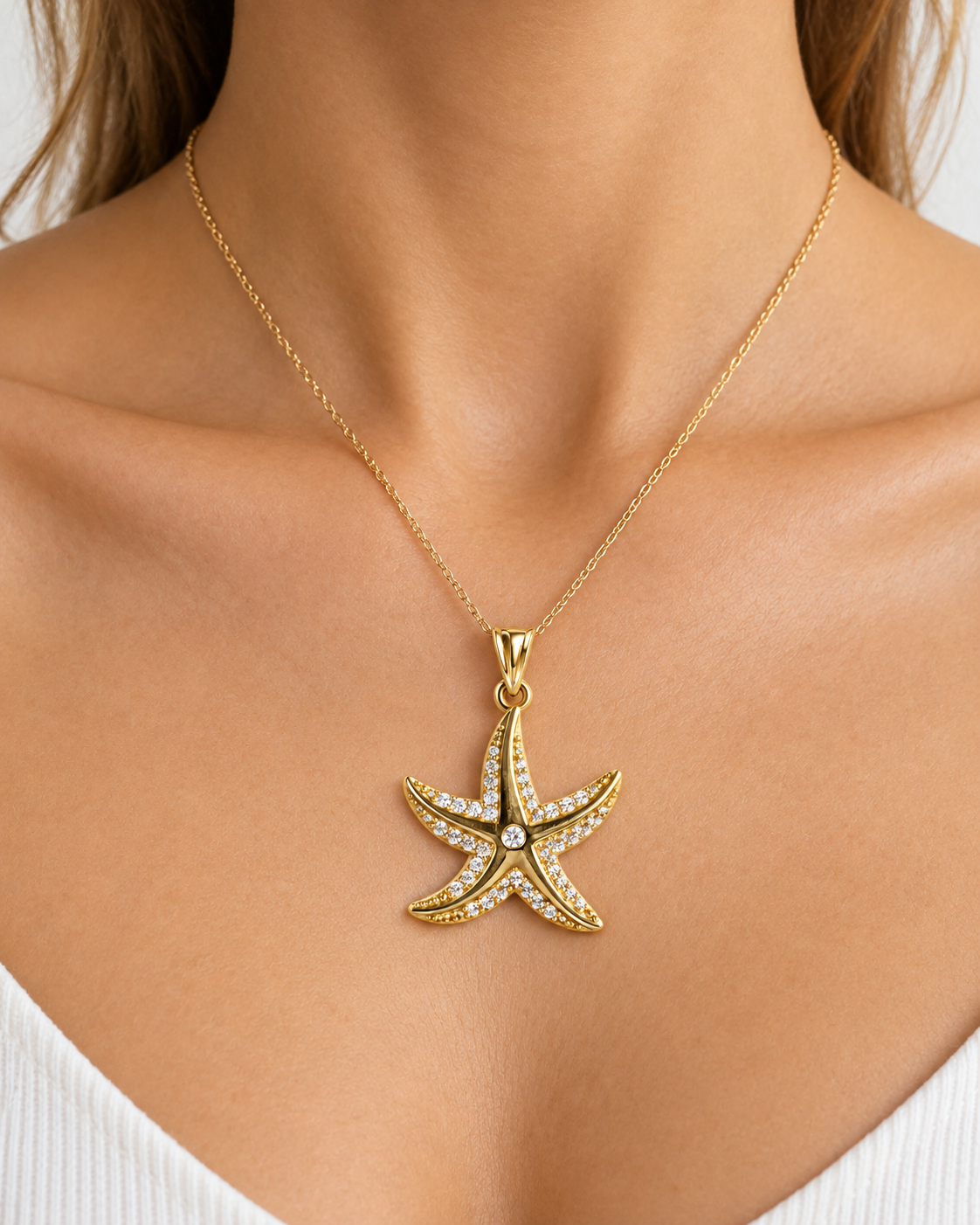 Women's 14K Gold Starfish Pendant with Zirconia
