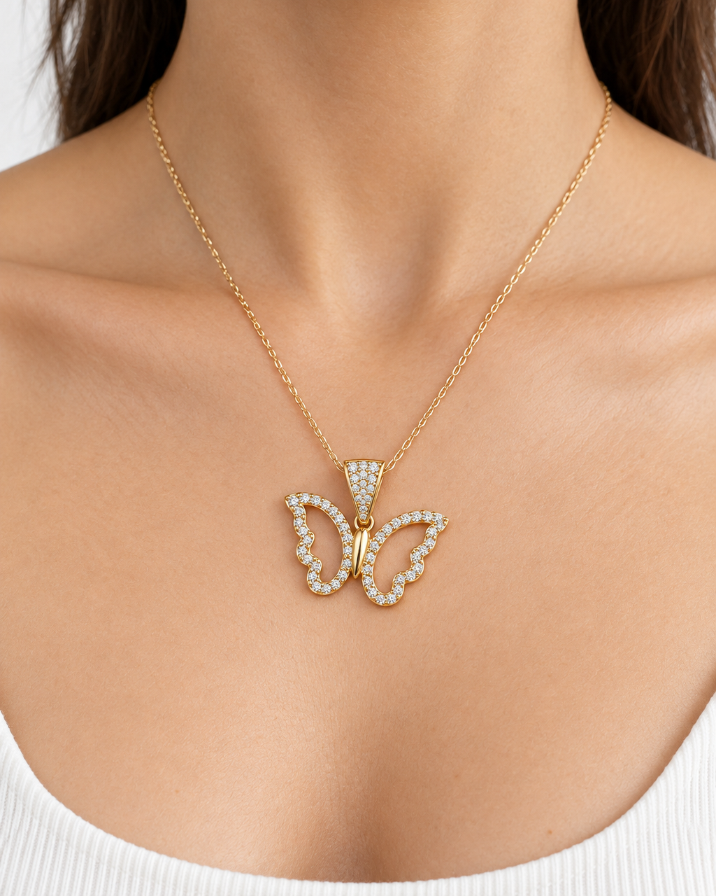 Women's 14K Gold Open-Wing Butterfly Pendant with White Zirconia