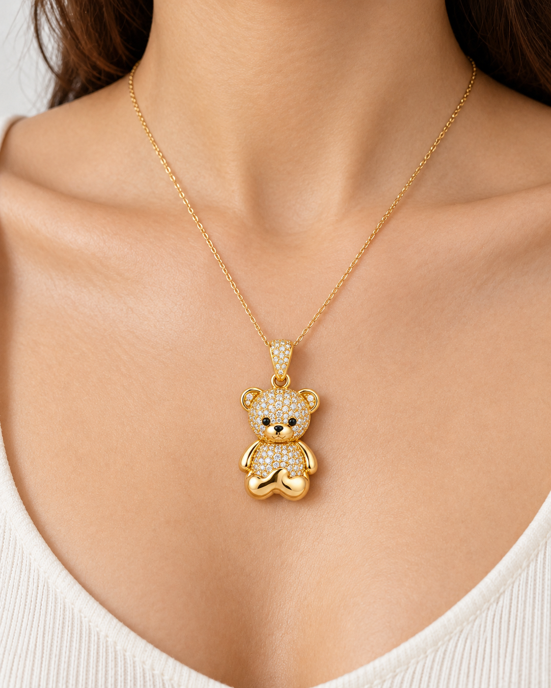 Women's 14K Gold Teddy Bear Pendant with Zirconia