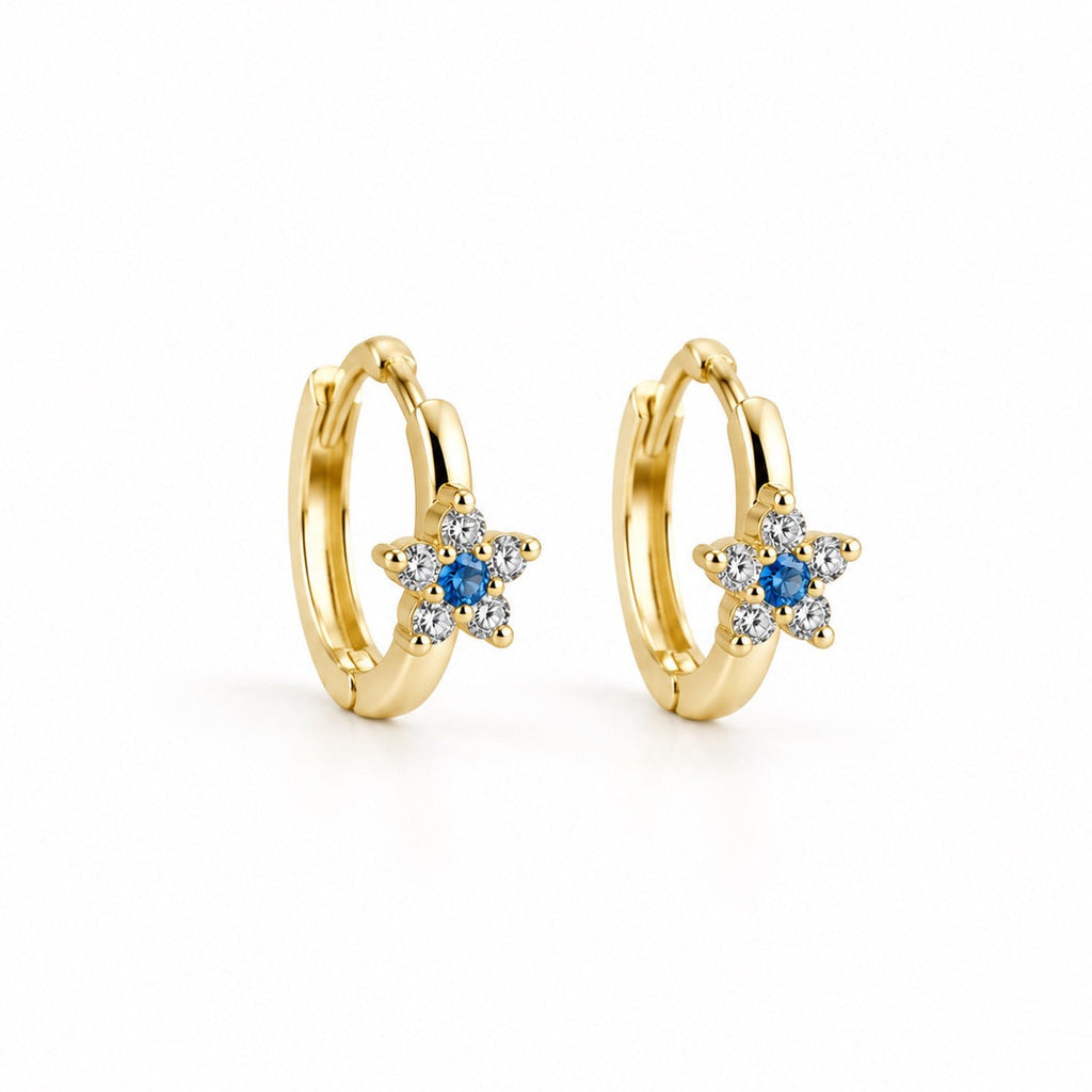 Women's 14K Gold Small Hoop Earrings with Star and Blue Zirconia