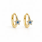 Women's 14K Gold Small Hoop Earrings with Star and Blue Zirconia