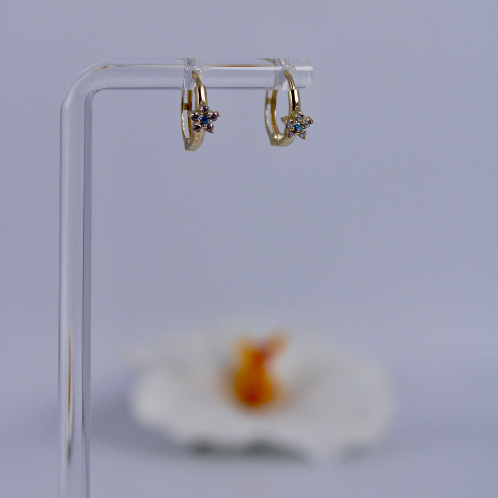 Women's 14K Gold Small Hoop Earrings with Star and Blue Zirconia