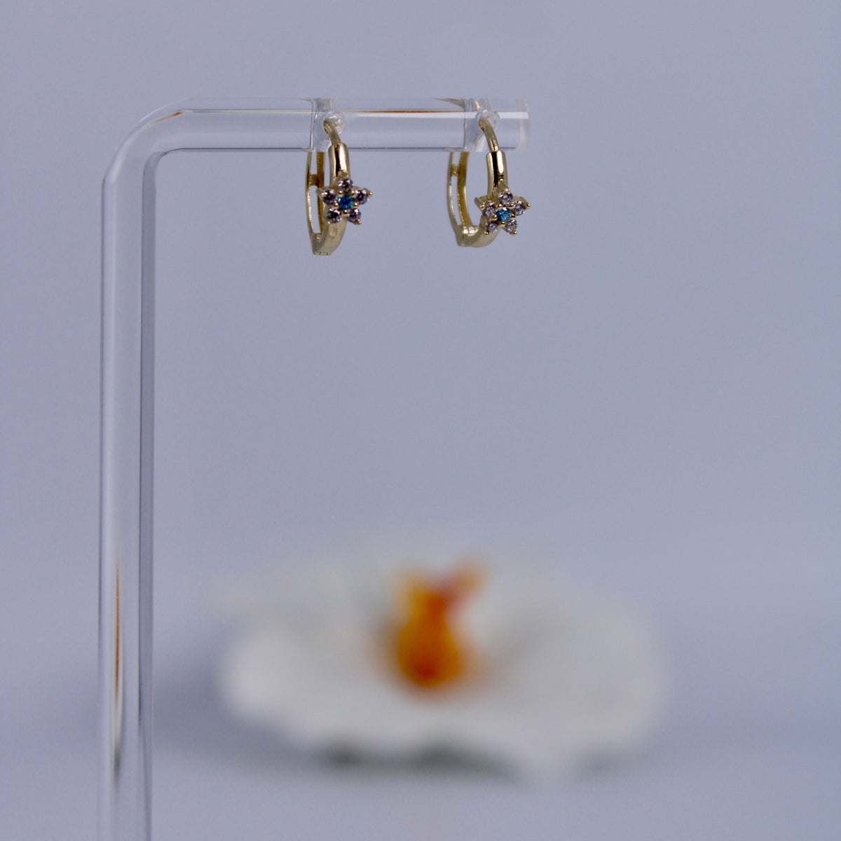 Women's 14K Gold Small Hoop Earrings with Star and Blue Zirconia